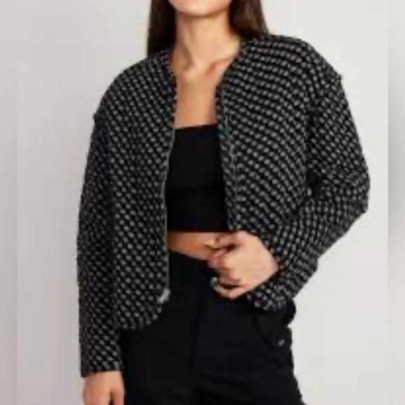 NWT Old Navy Women’s Geo Quilted Bomber Jacket L Black Navy White Zip Up - Picture 1 of 7